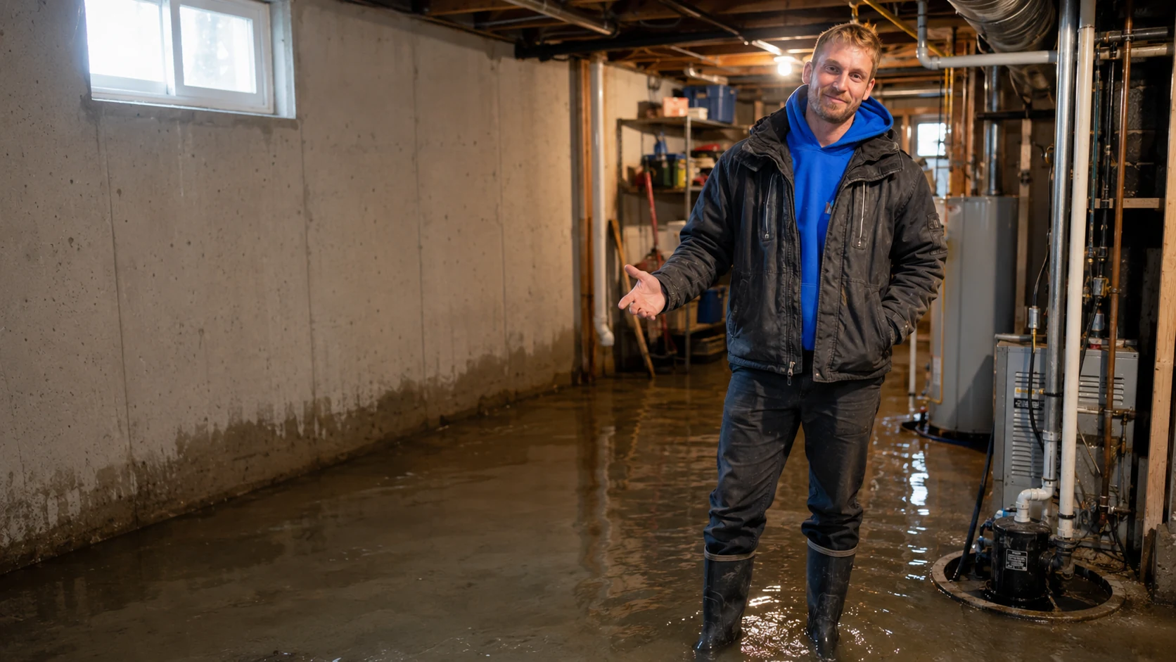 Matt Ouellette assessing a flooded basement and sump pump system